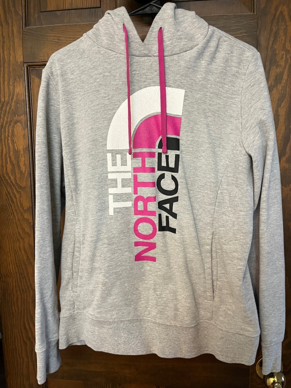 The North Face Heather Gray Hoodie with Pink and White Logo